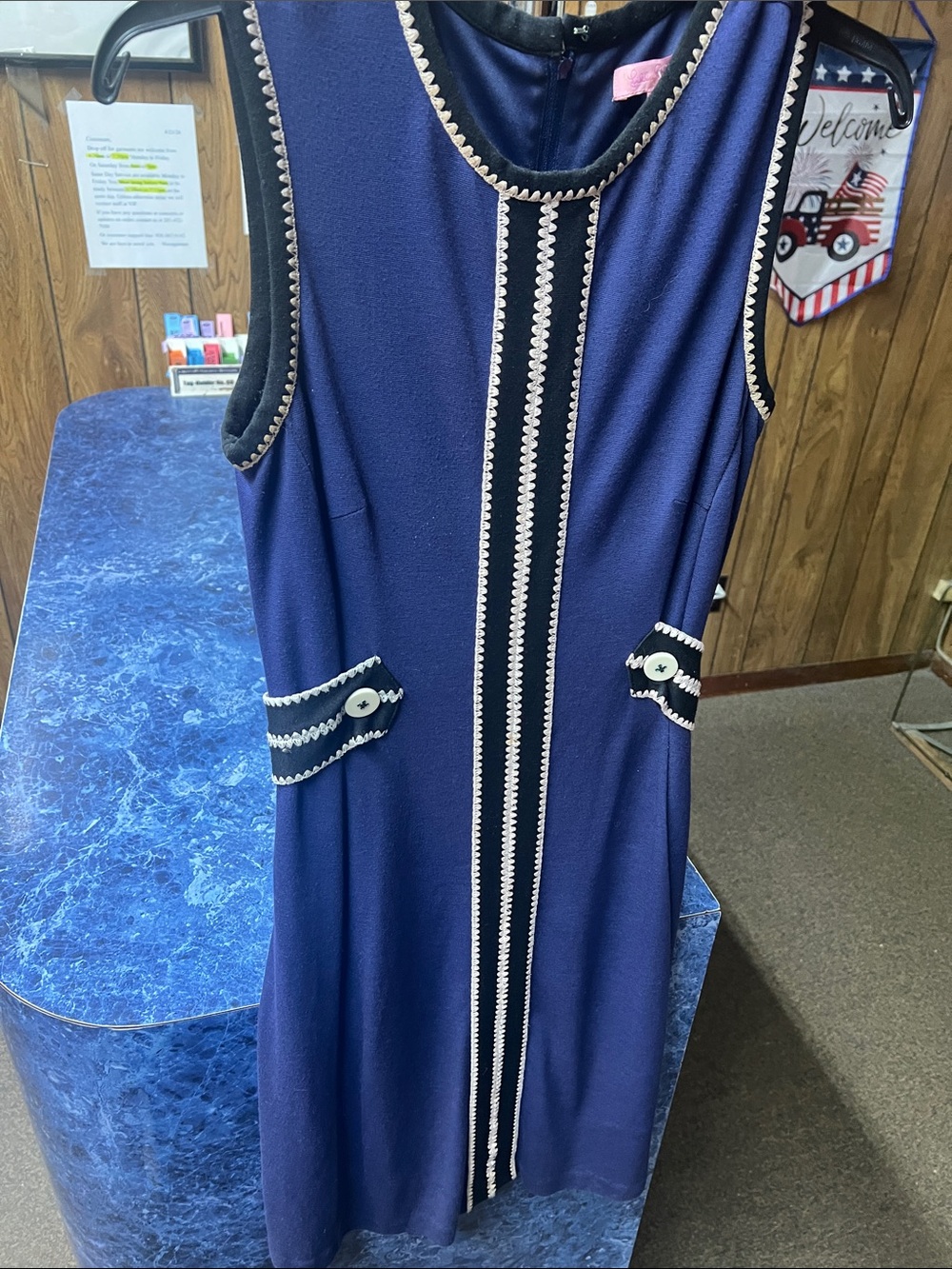 Navy Sleeveless Shift Dress with Contrast Trim
